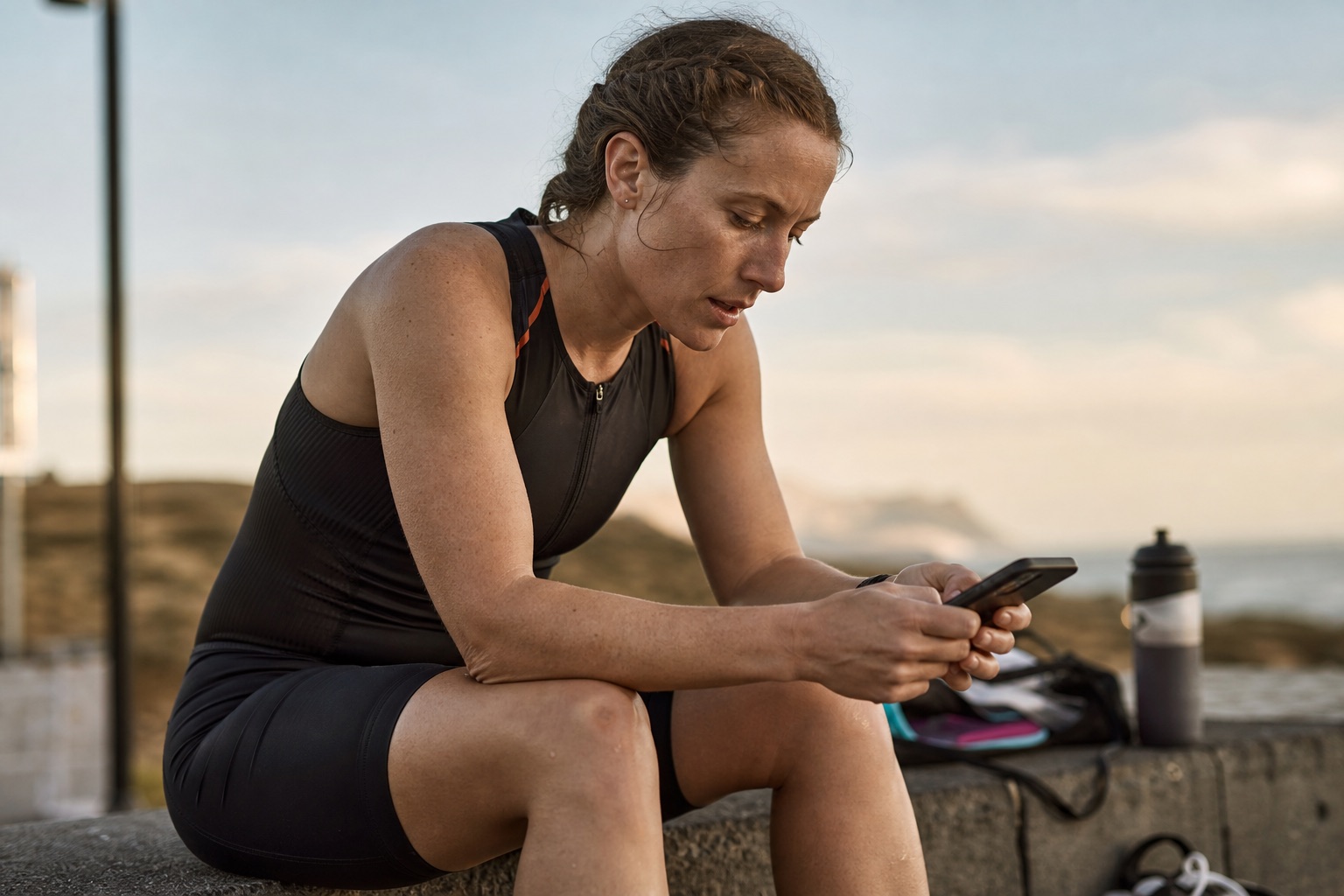 Athlete checking training data after a session